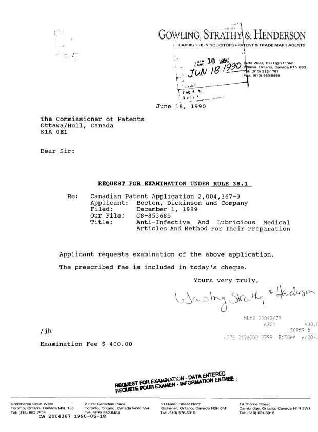 Canadian Patent Document 2004367. Prosecution Correspondence 19900618. Image 1 of 1