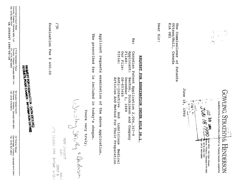 Canadian Patent Document 2004367. Prosecution Correspondence 19900618. Image 1 of 1