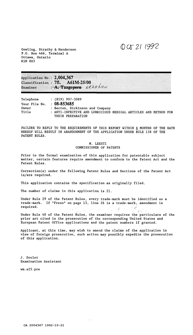 Canadian Patent Document 2004367. Examiner Requisition 19921021. Image 1 of 1