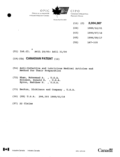 Document de brevet canadien 2004367. Page couverture 19960917. Image 1 de 1