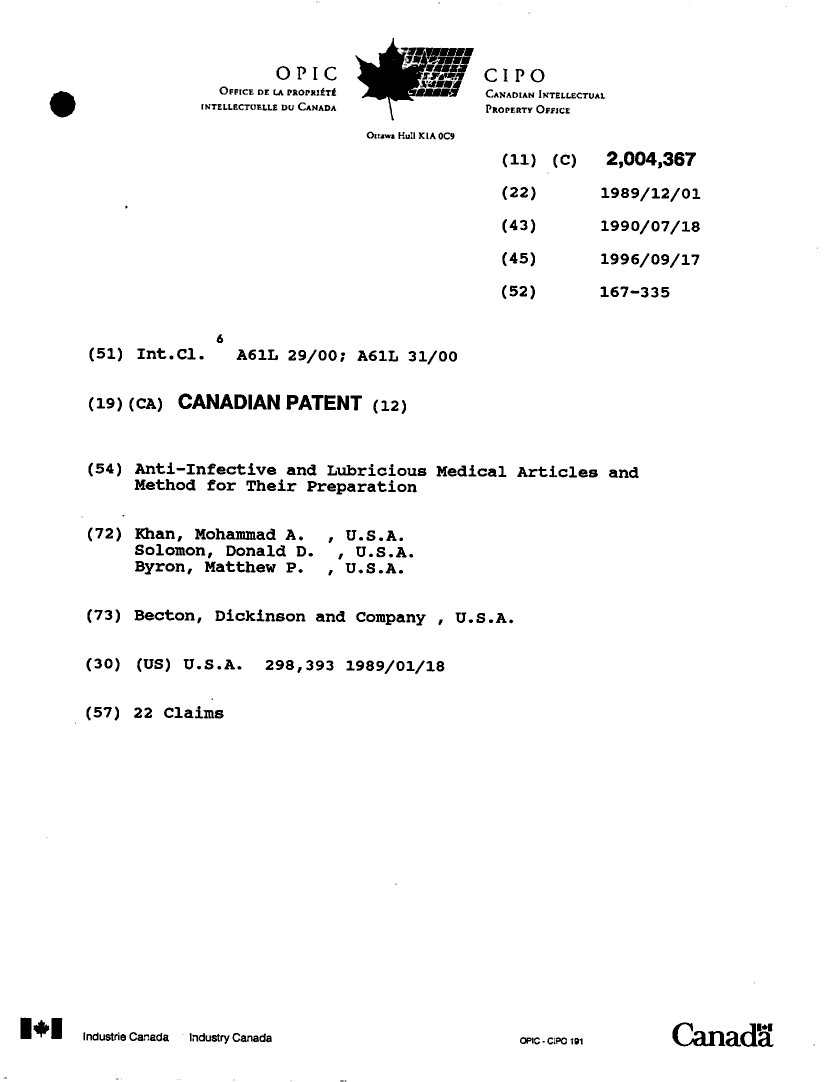 Canadian Patent Document 2004367. Cover Page 19960917. Image 1 of 1