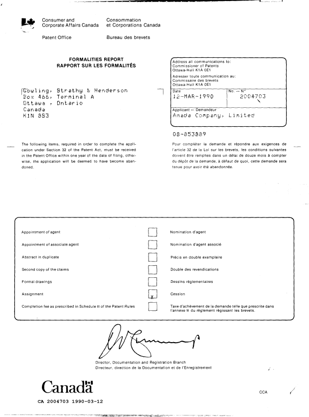 Document de brevet canadien 2004703. Lettre du bureau 19900312. Image 1 de 1