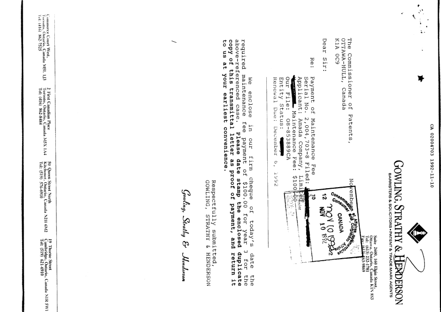 Canadian Patent Document 2004703. Fees 19921110. Image 1 of 1