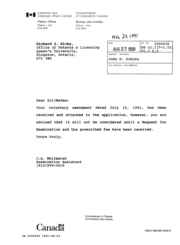 Document de brevet canadien 2004930. Lettre du bureau 19910823. Image 1 de 1