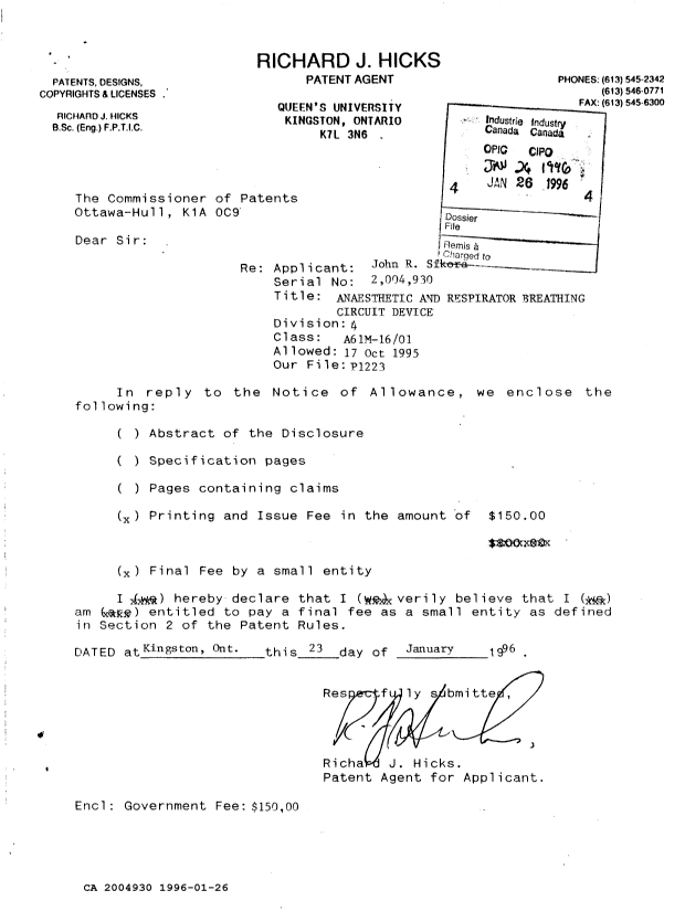 Document de brevet canadien 2004930. Correspondance reliée au PCT 19960126. Image 1 de 1