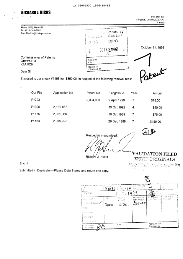 Document de brevet canadien 2004930. Taxes 19961015. Image 1 de 1