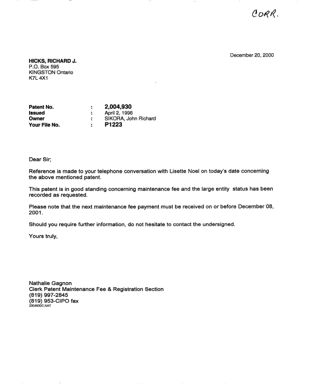 Document de brevet canadien 2004930. Correspondance 20001220. Image 1 de 1