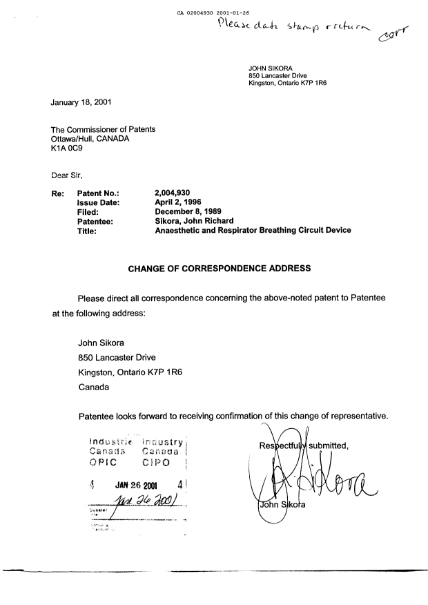 Document de brevet canadien 2004930. Correspondance 20010126. Image 1 de 2