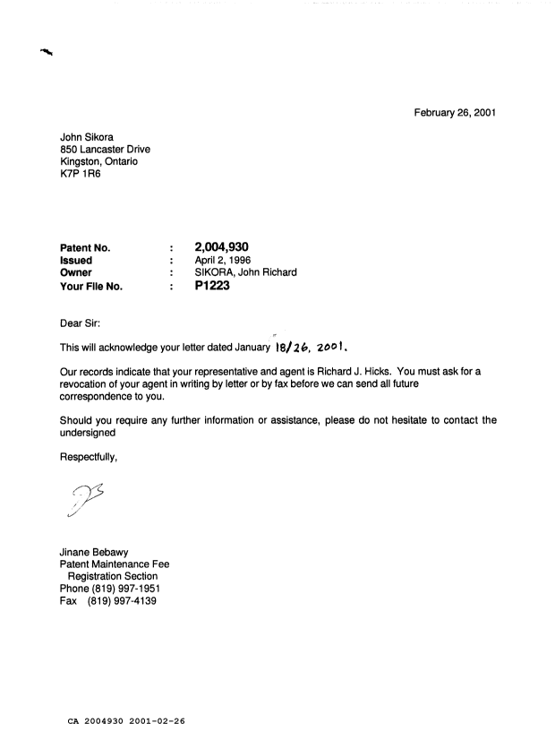 Document de brevet canadien 2004930. Lettre du bureau 20010226. Image 1 de 1