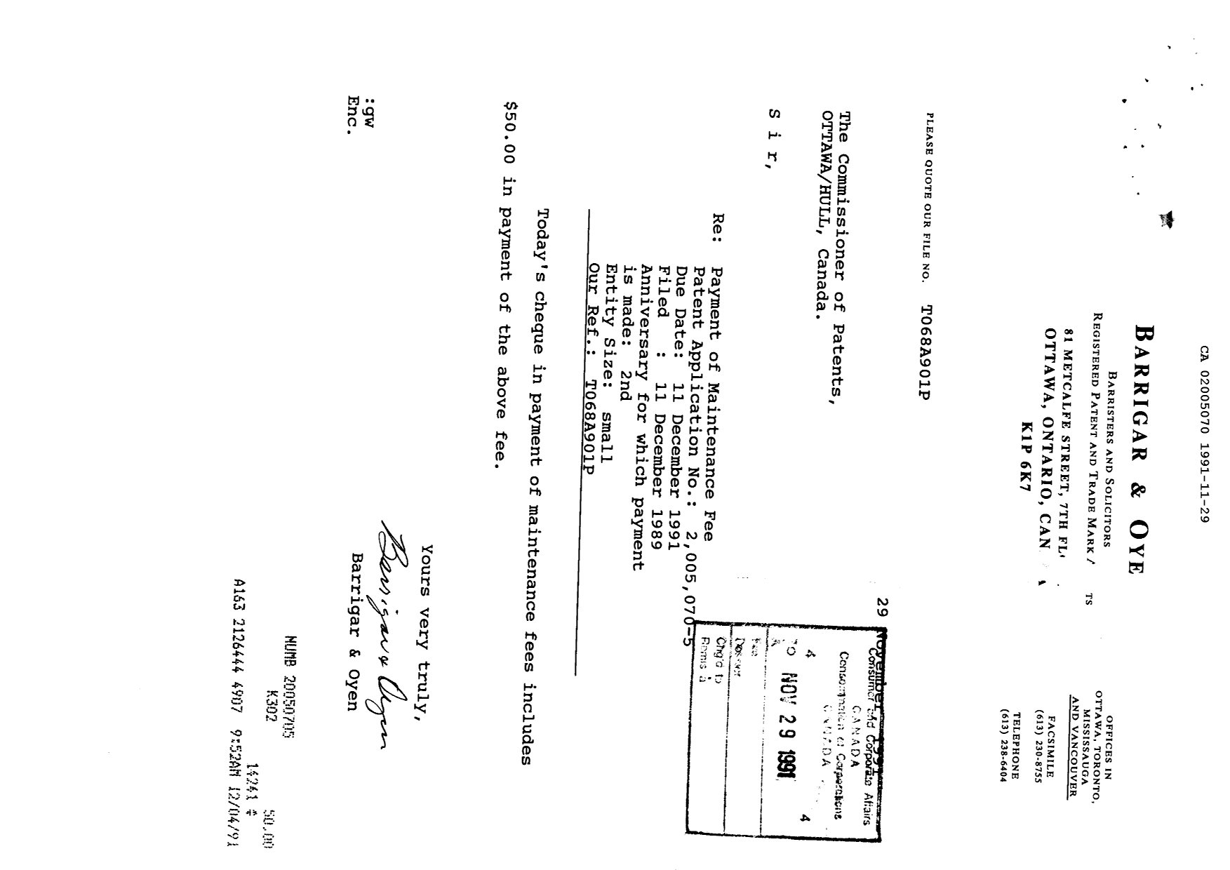 Canadian Patent Document 2005070. Fees 19901229. Image 1 of 1