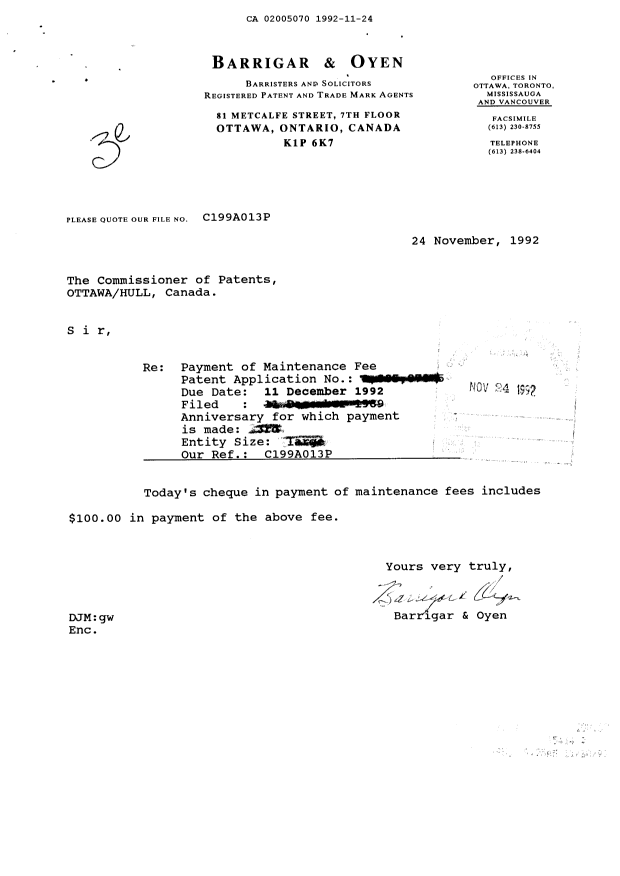 Canadian Patent Document 2005070. Fees 19911224. Image 1 of 1