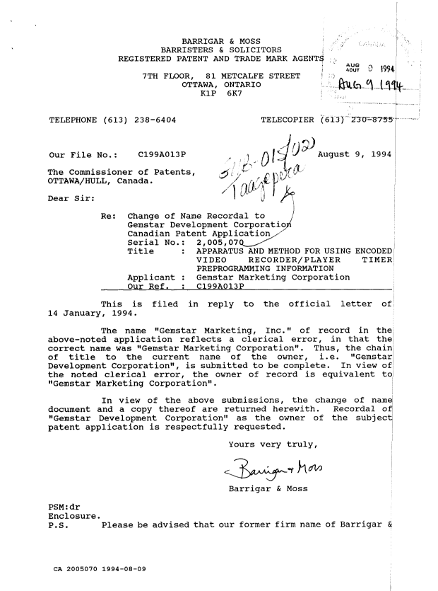 Canadian Patent Document 2005070. Correspondence 19931209. Image 1 of 2