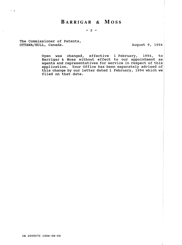 Canadian Patent Document 2005070. Correspondence 19931209. Image 2 of 2