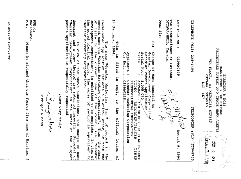 Document de brevet canadien 2005070. Correspondance reliée au PCT 19940809. Image 1 de 2