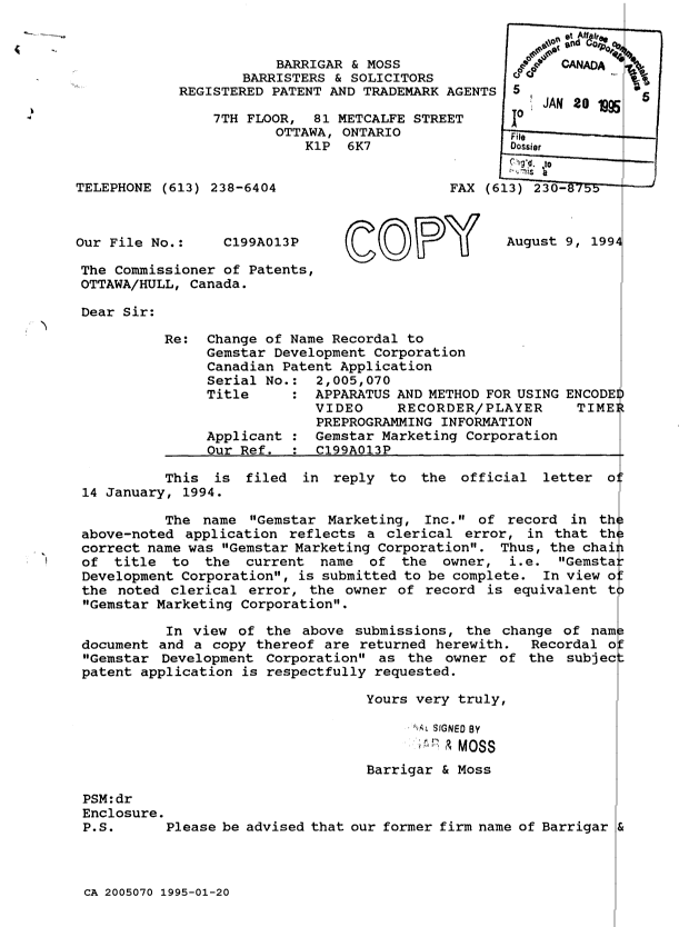 Document de brevet canadien 2005070. Correspondance reliée au PCT 19950120. Image 2 de 3