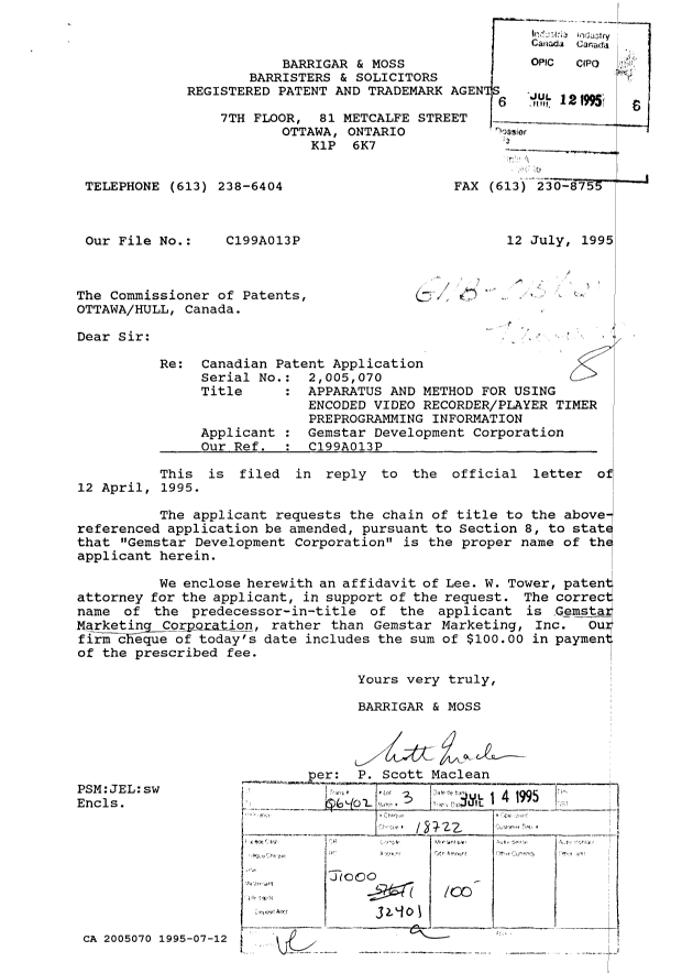 Canadian Patent Document 2005070. Prosecution Correspondence 19950712. Image 1 of 3