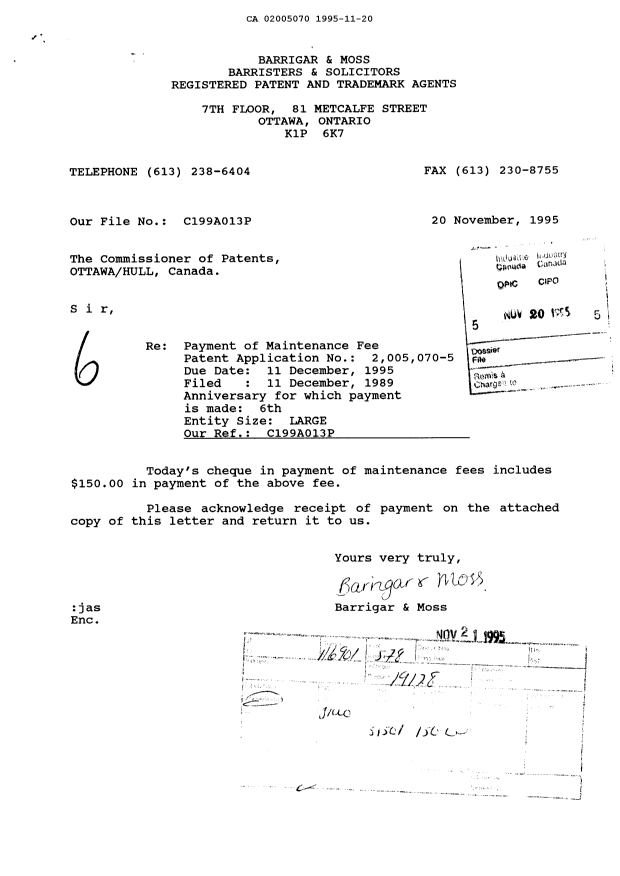 Document de brevet canadien 2005070. Taxes 19951120. Image 1 de 1
