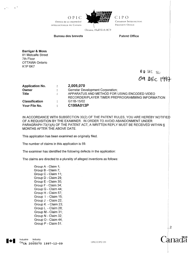 Canadian Patent Document 2005070. Prosecution-Amendment 19961209. Image 1 of 2