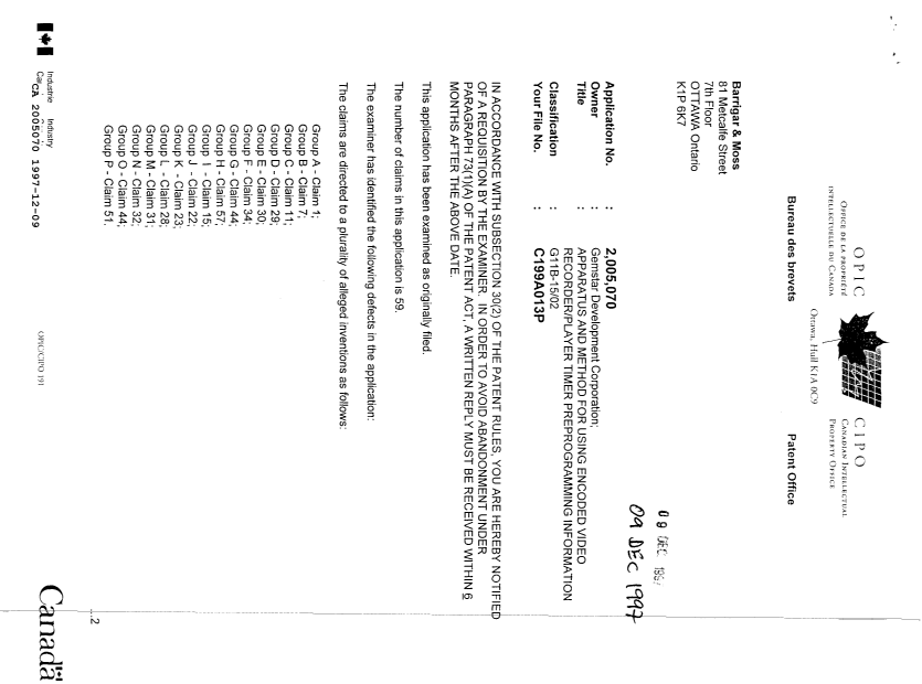 Document de brevet canadien 2005070. Poursuite-Amendment 19961209. Image 1 de 2