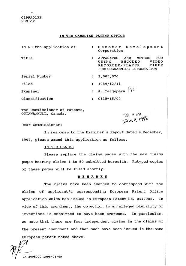Canadian Patent Document 2005070. Prosecution Correspondence 19980609. Image 1 of 9