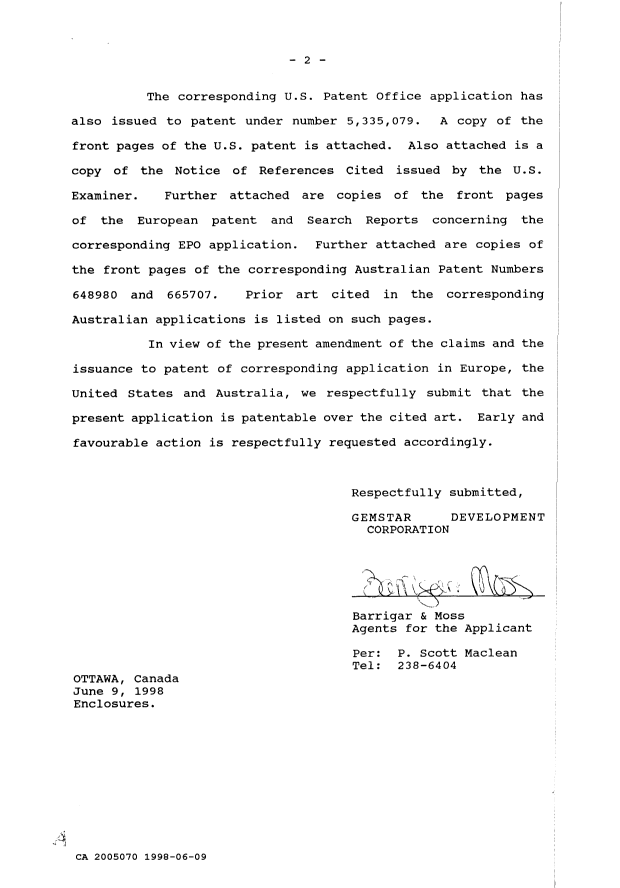 Document de brevet canadien 2005070. Correspondance de la poursuite 19980609. Image 2 de 9