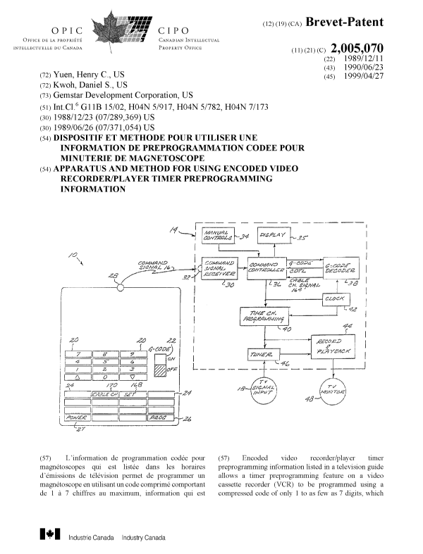 Canadian Patent Document 2005070. Cover Page 19981220. Image 1 of 2