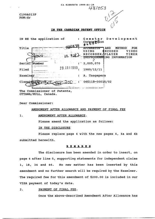 Canadian Patent Document 2005070. Prosecution-Amendment 19990129. Image 1 of 5