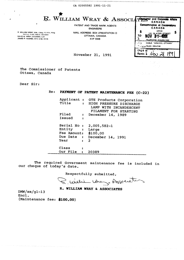 Canadian Patent Document 2005582. Fees 19911121. Image 1 of 1