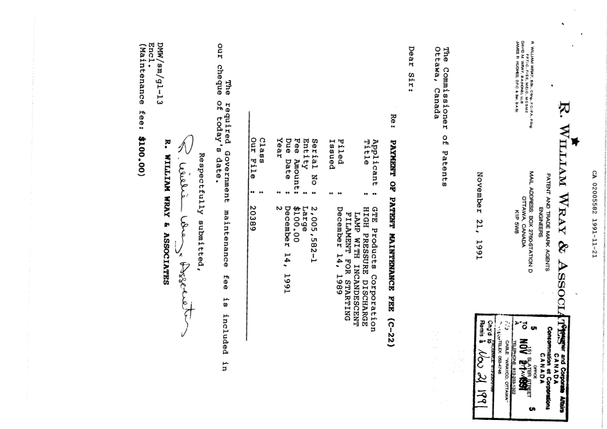 Canadian Patent Document 2005582. Fees 19911121. Image 1 of 1