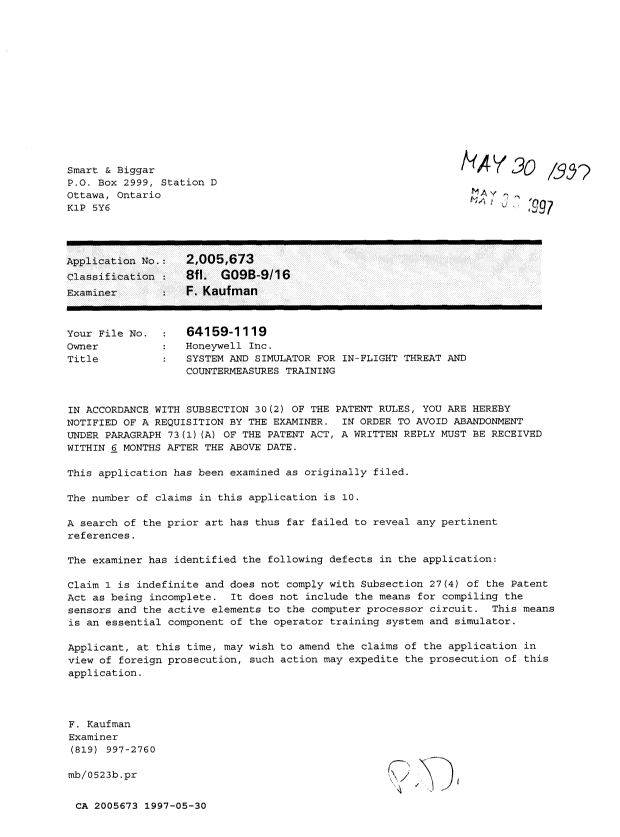 Canadian Patent Document 2005673. Examiner Requisition 19970530. Image 1 of 1