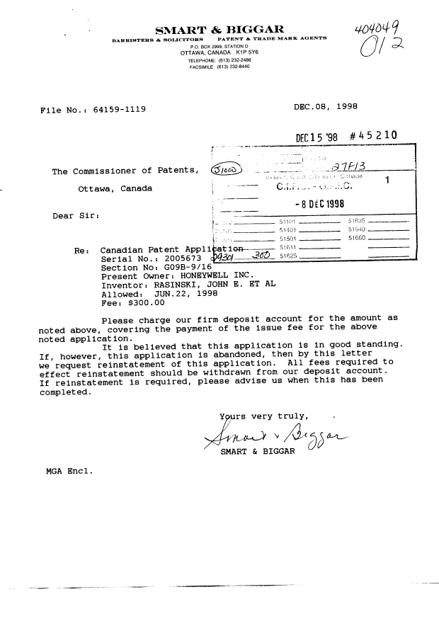 Canadian Patent Document 2005673. Correspondence 19981208. Image 1 of 1