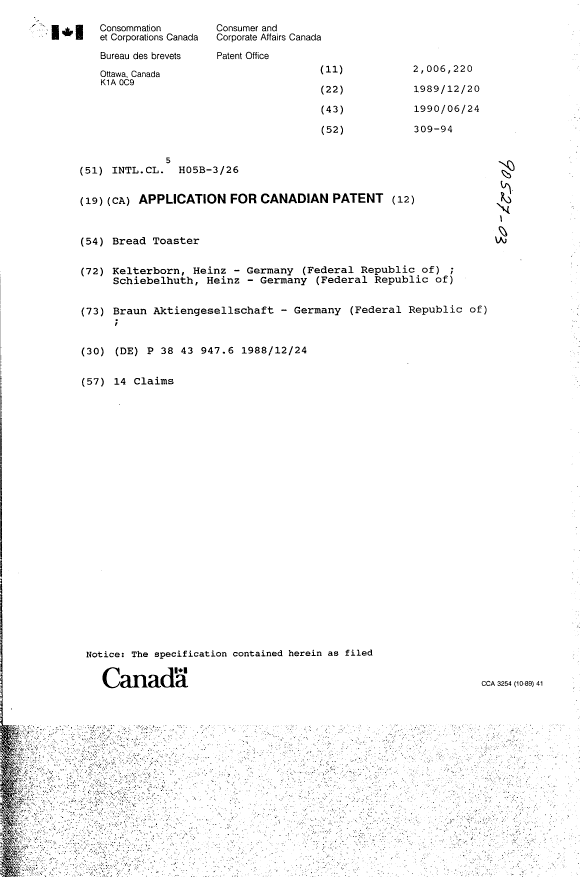 Document de brevet canadien 2006220. Page couverture 19900624. Image 1 de 1