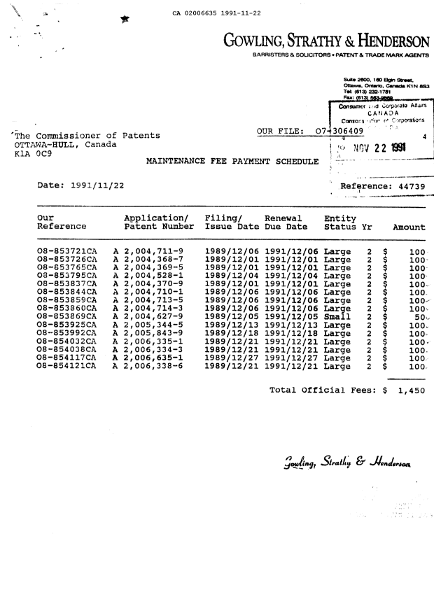 Document de brevet canadien 2006635. Taxes 19911122. Image 1 de 1