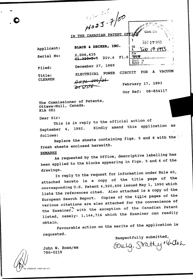 Document de brevet canadien 2006635. Correspondance de la poursuite 19930217. Image 1 de 2