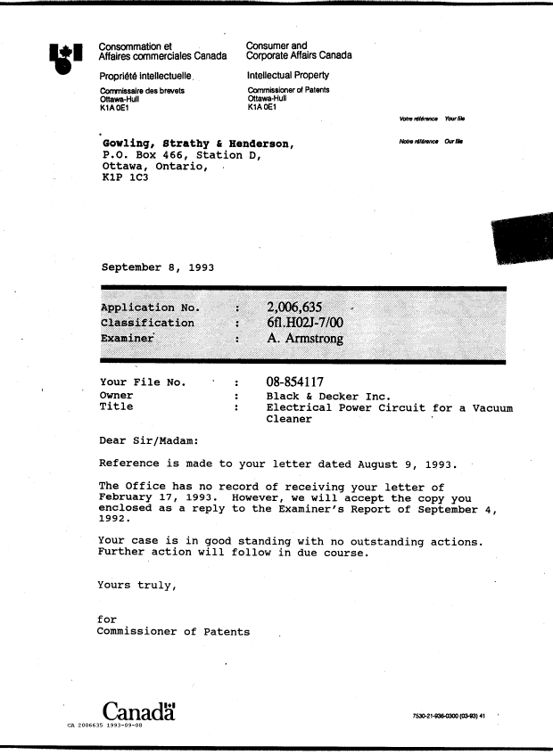 Document de brevet canadien 2006635. Lettre du bureau 19930908. Image 1 de 1