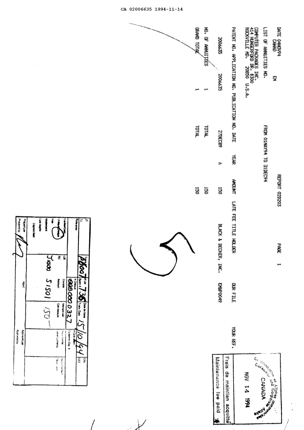 Canadian Patent Document 2006635. Fees 19941114. Image 1 of 1
