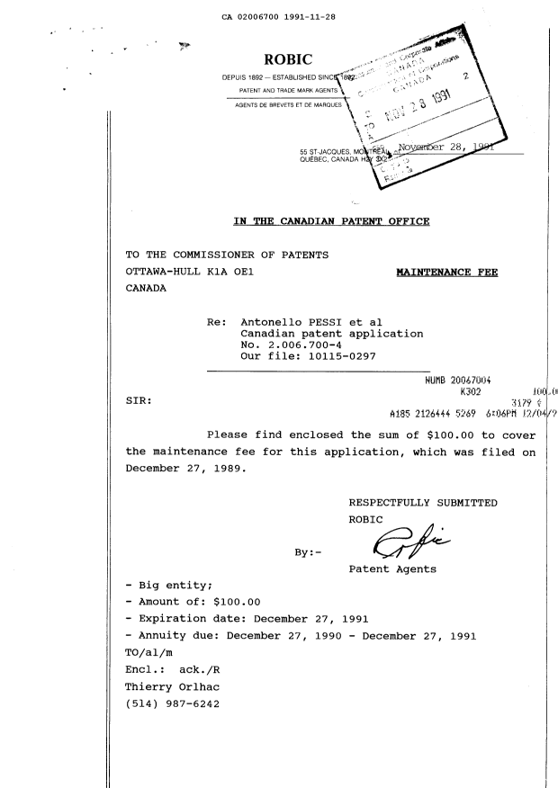 Canadian Patent Document 2006700. Fees 19901228. Image 1 of 1