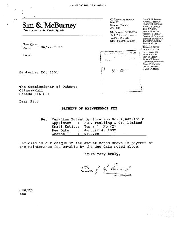Canadian Patent Document 2007181. Fees 19901226. Image 1 of 1
