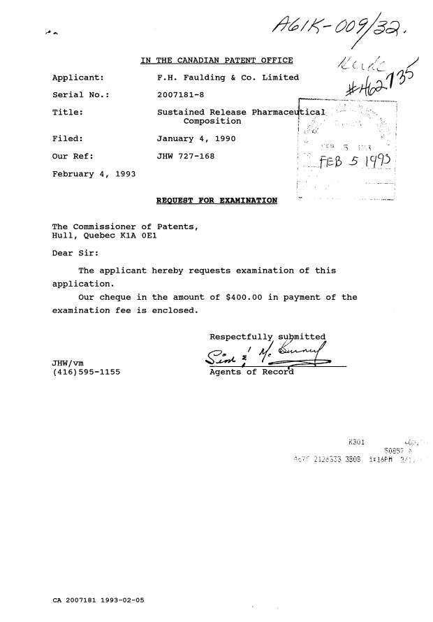 Canadian Patent Document 2007181. Prosecution Correspondence 19930205. Image 1 of 1