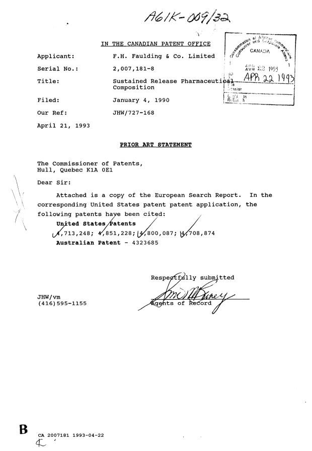 Canadian Patent Document 2007181. Prosecution Correspondence 19930422. Image 1 of 3