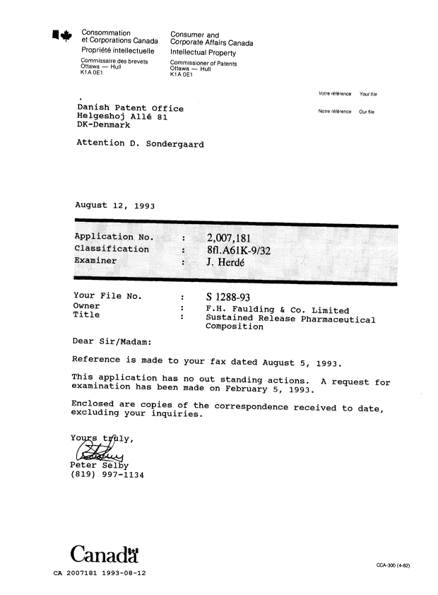 Canadian Patent Document 2007181. Office Letter 19930812. Image 1 of 6