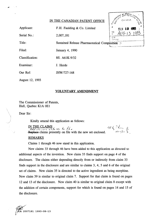 Canadian Patent Document 2007181. Prosecution Correspondence 19930813. Image 1 of 2