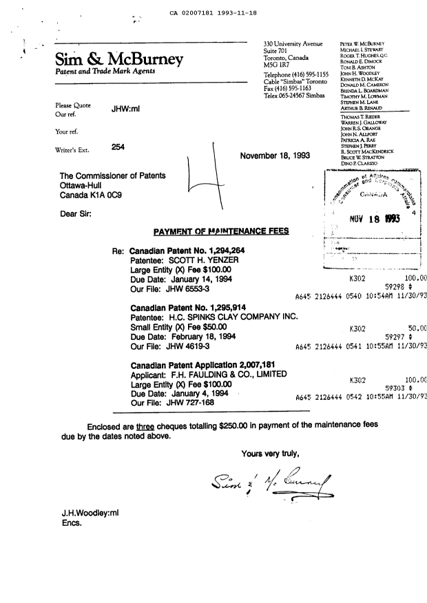 Canadian Patent Document 2007181. Fees 19931118. Image 1 of 1