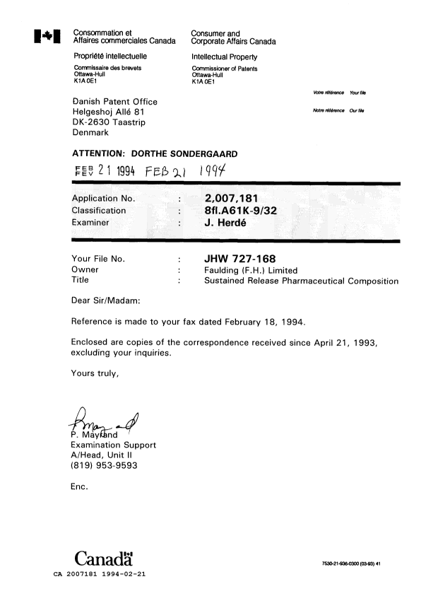 Canadian Patent Document 2007181. Office Letter 19940221. Image 1 of 5