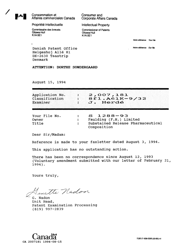 Canadian Patent Document 2007181. Office Letter 19940815. Image 1 of 1