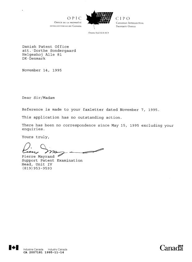 Canadian Patent Document 2007181. Office Letter 19951114. Image 1 of 1