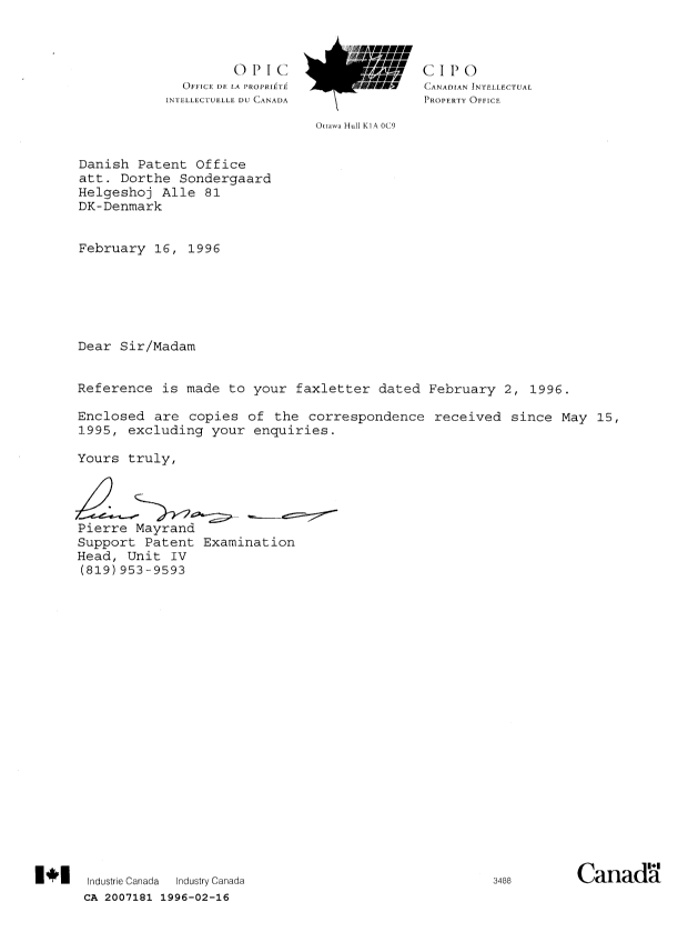 Document de brevet canadien 2007181. Correspondance 19951216. Image 1 de 5
