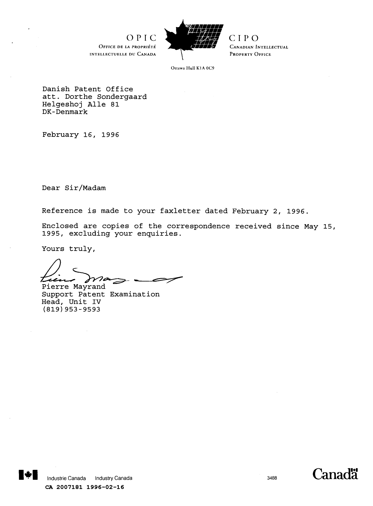Document de brevet canadien 2007181. Correspondance 19951216. Image 1 de 5