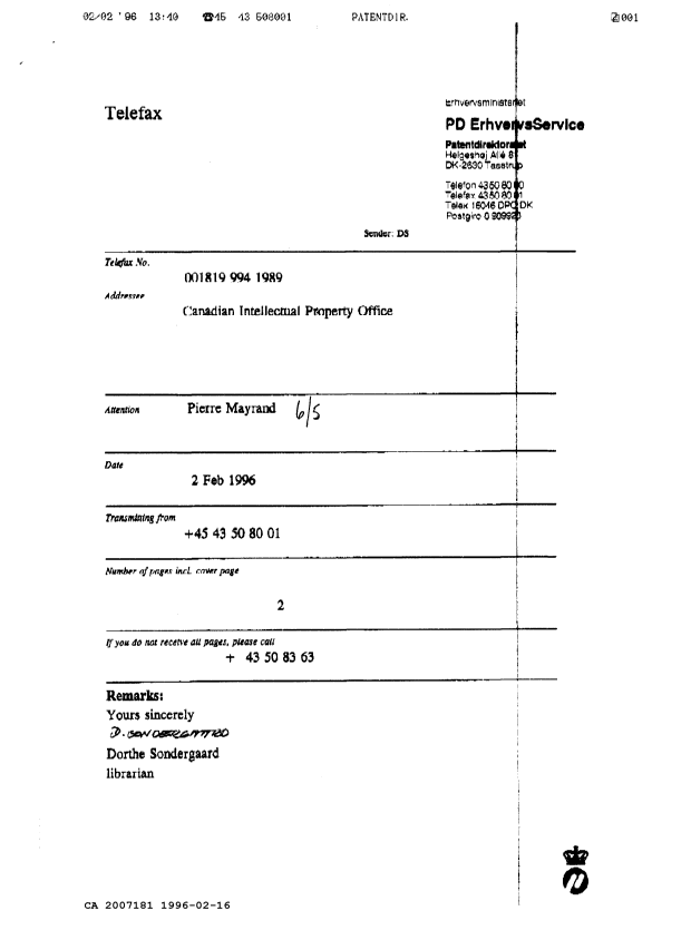 Document de brevet canadien 2007181. Correspondance 19951216. Image 2 de 5