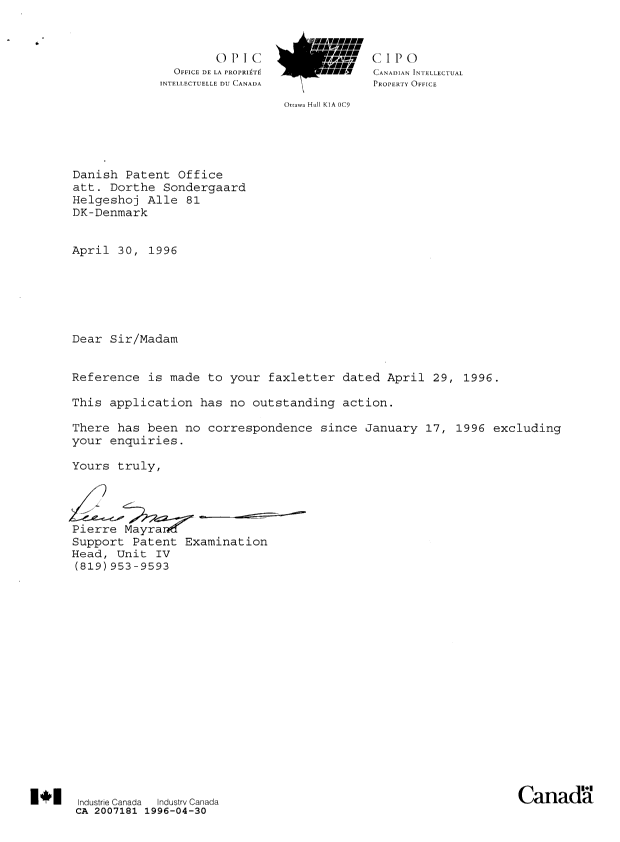 Canadian Patent Document 2007181. Office Letter 19960430. Image 1 of 1